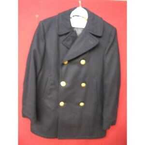 Vintage USN Black Pea Coat Navy 100% Wool Military Jacket Brass Buttons 40L